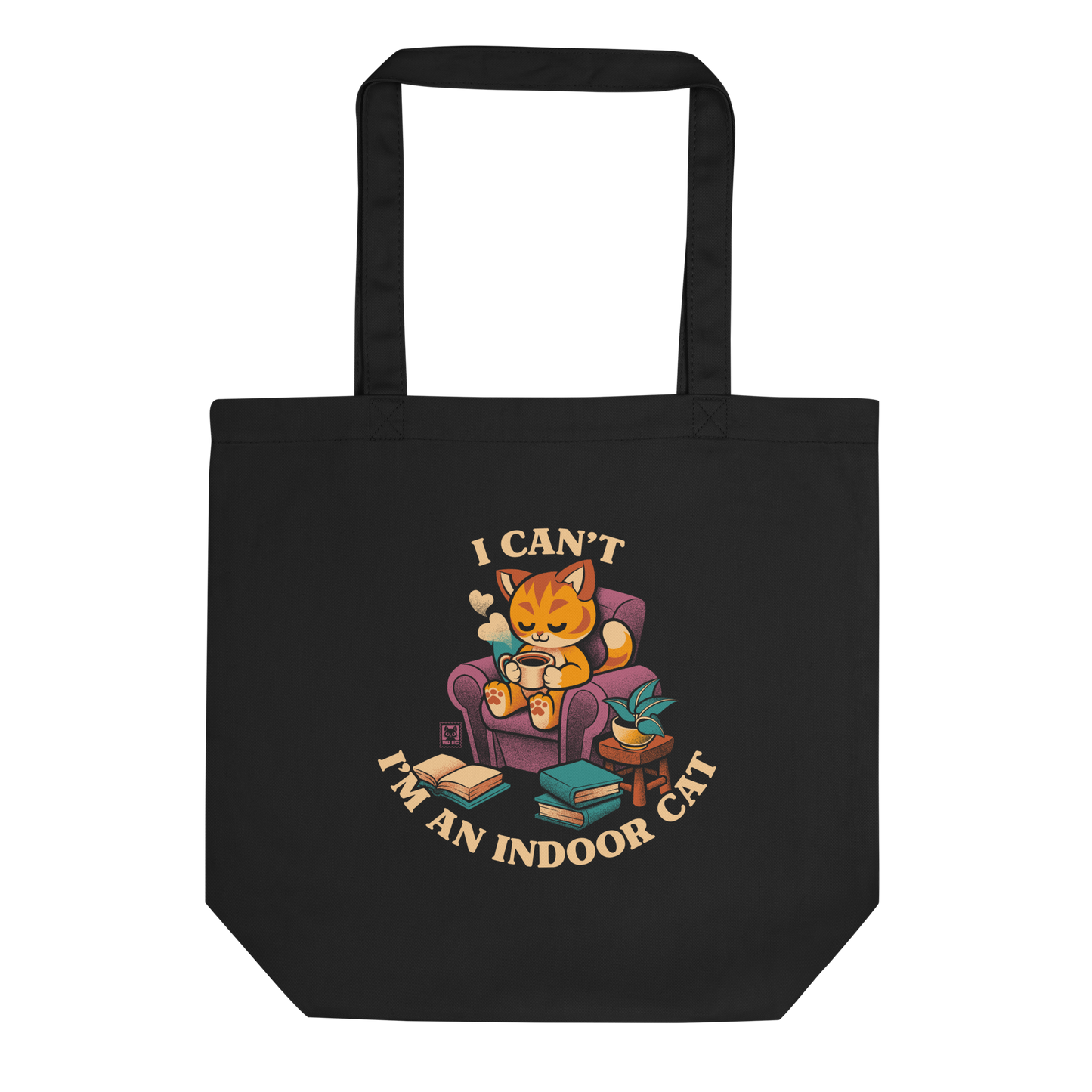 This cozy design features a contented orange cat sipping coffee in a comfy chair, surrounded by books and plants. The following message encircles the design: I CAN'T I'M AN INDOOR CAT.