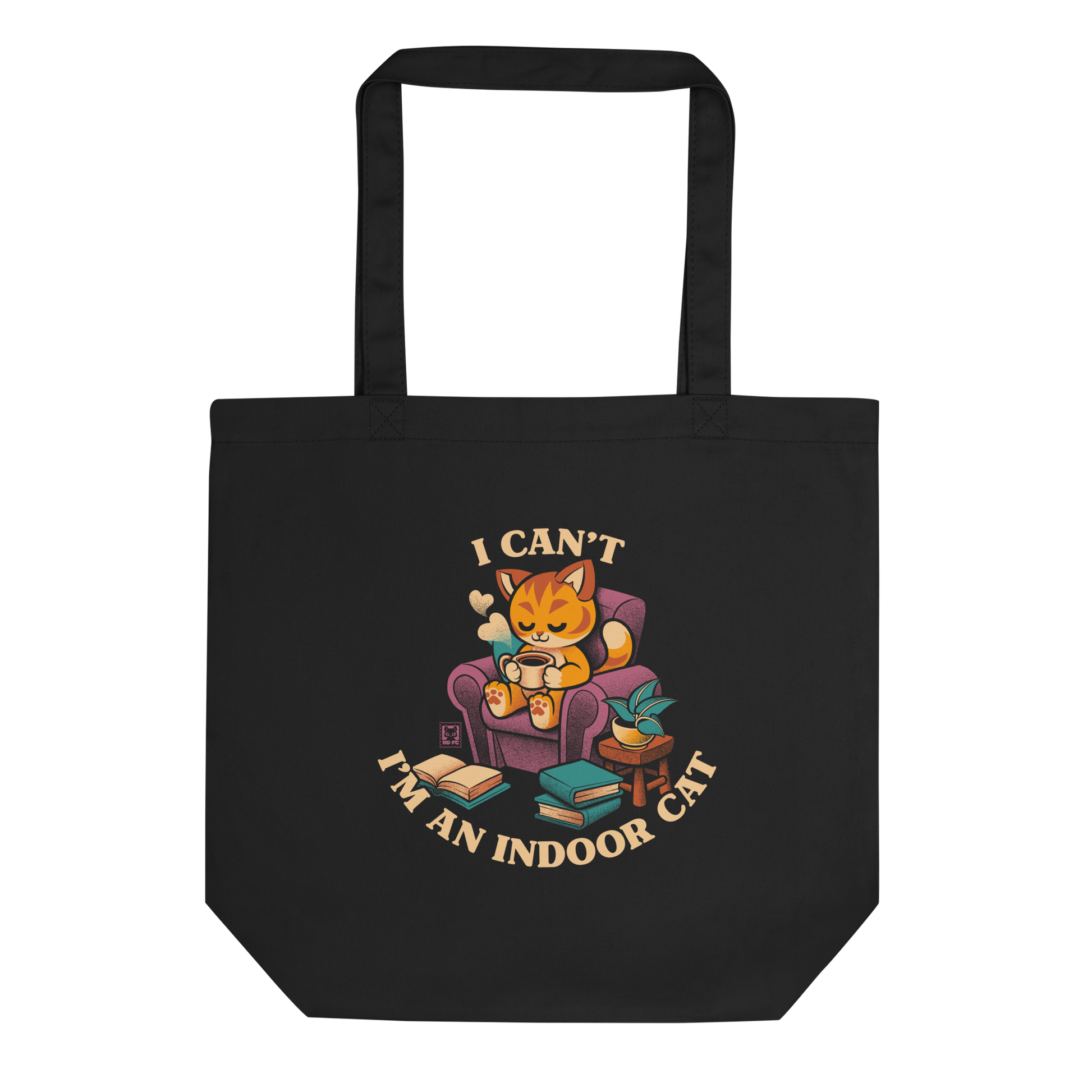 This cozy design features a contented orange cat sipping coffee in a comfy chair, surrounded by books and plants. The following message encircles the design: I CAN'T I'M AN INDOOR CAT.