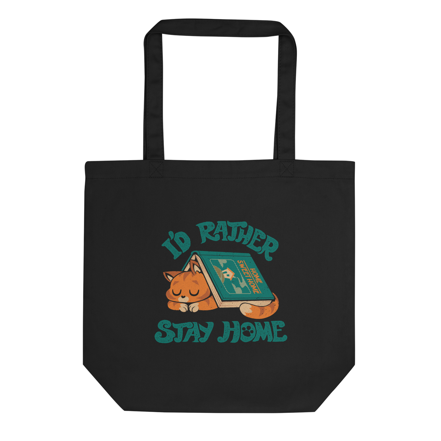 Sleeping orange cat under a book labeled 'Home Sweet Home' with the motto 'I'D RATHER STAY HOME'.