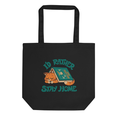 Sleeping orange cat under a book labeled 'Home Sweet Home' with the motto 'I'D RATHER STAY HOME'.