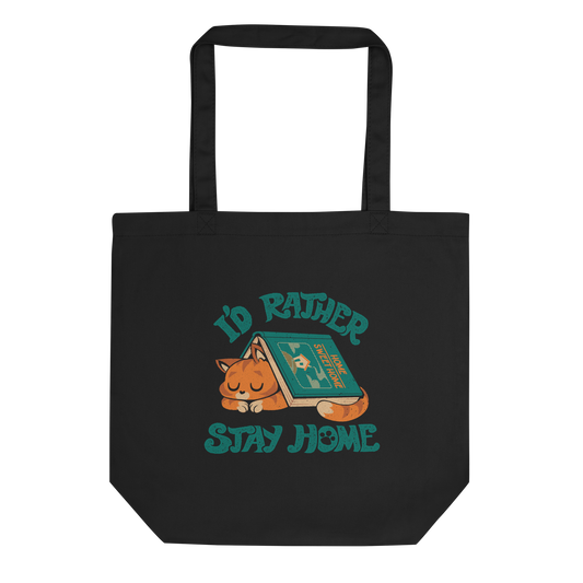 Sleeping orange cat under a book labeled 'Home Sweet Home' with the motto 'I'D RATHER STAY HOME'.