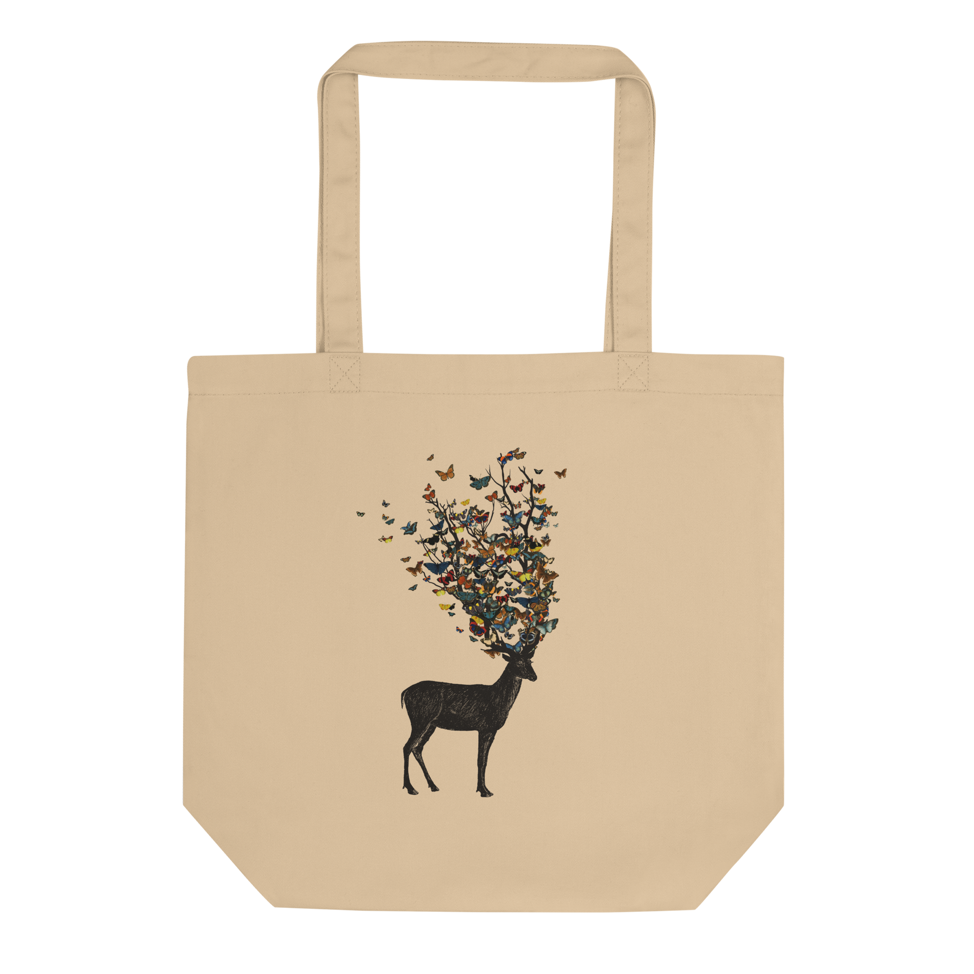 The image depicts a dark, silhouetted deer standing on a neutral background. Instead of branches, its antlers transform into a swirling cloud of vibrant, colorful butterflies that extend upwards and outward. The mix of organic and ethereal elements creates a captivating and whimsical visual contrast.