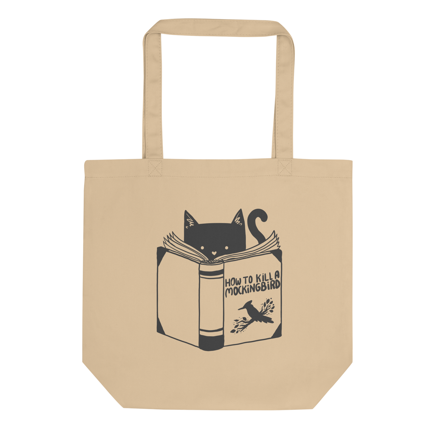 A black and white illustration features a cat peeking over an open book titled 'How to Kill a Mockingbird,' playfully altering the classic novel's title. The cat has a heart-shaped nose and simple, cute facial features. The design is whimsical and ironic, combining classic literature with a humorous twist.