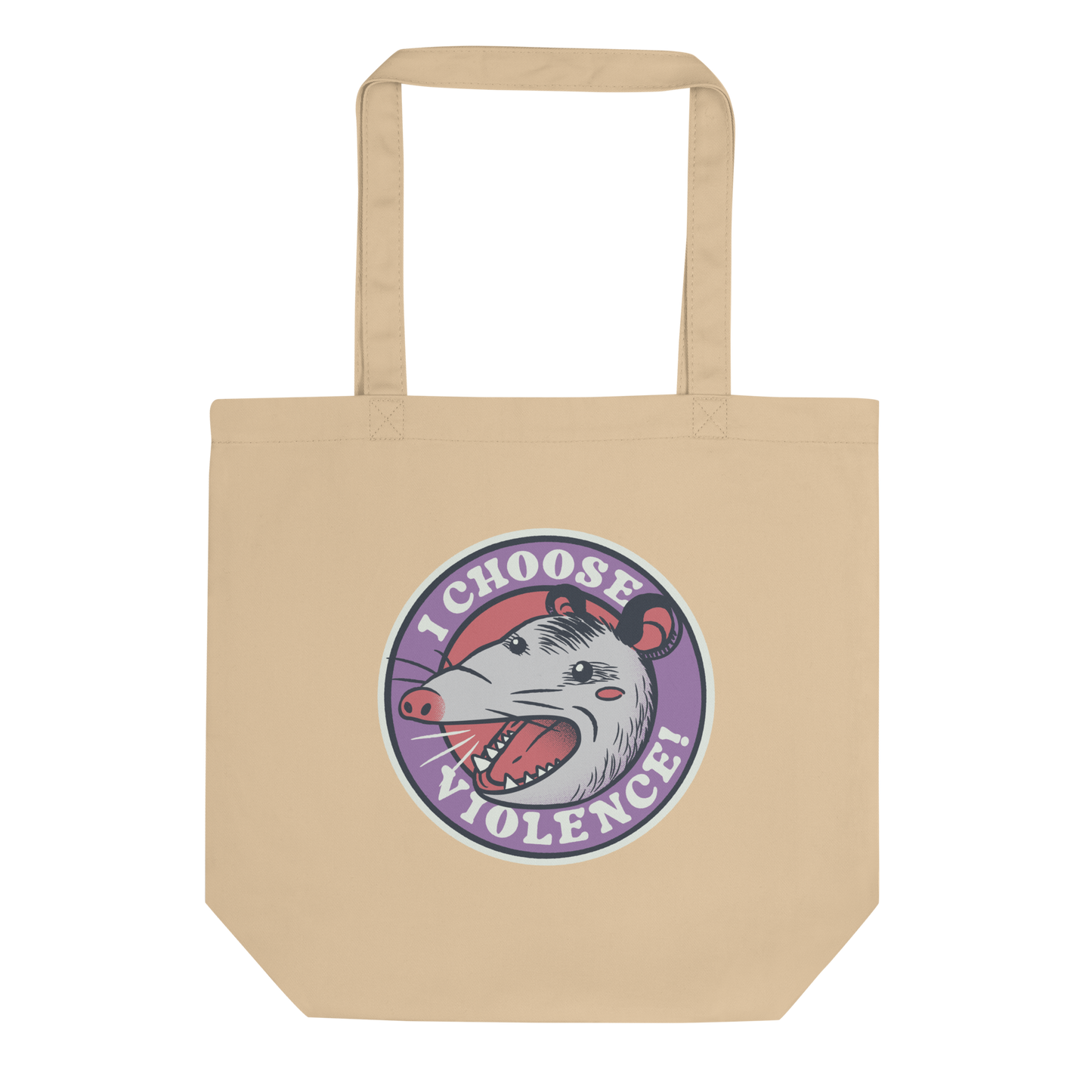A circular design featuring an opossum with an open mouth showing sharp teeth, set against a red and purple background. Surrounding the animal, the text reads 'I Choose Violence!' in bold, white letters. The opossum has a somewhat comical yet aggressive expression. The design has an edgy, cartoon-like style, suitable for various products like t-shirts and stickers.