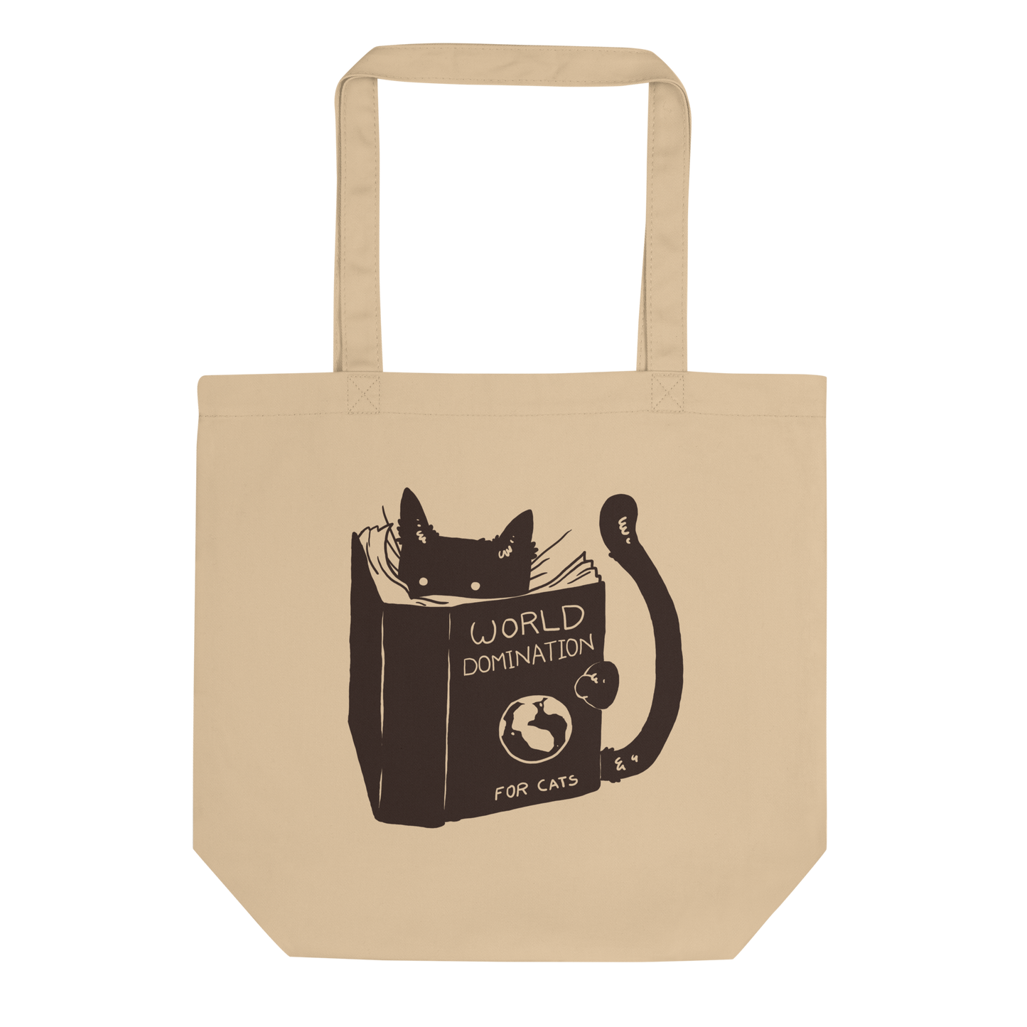 The design features a black silhouette of a cat peeking from behind an oversized book. The book's cover reads 'World Domination for Cats,' and includes a simple drawing of a globe. The cat's eyes are wide open, suggesting either surprise or intense focus on its 'world domination' plans.