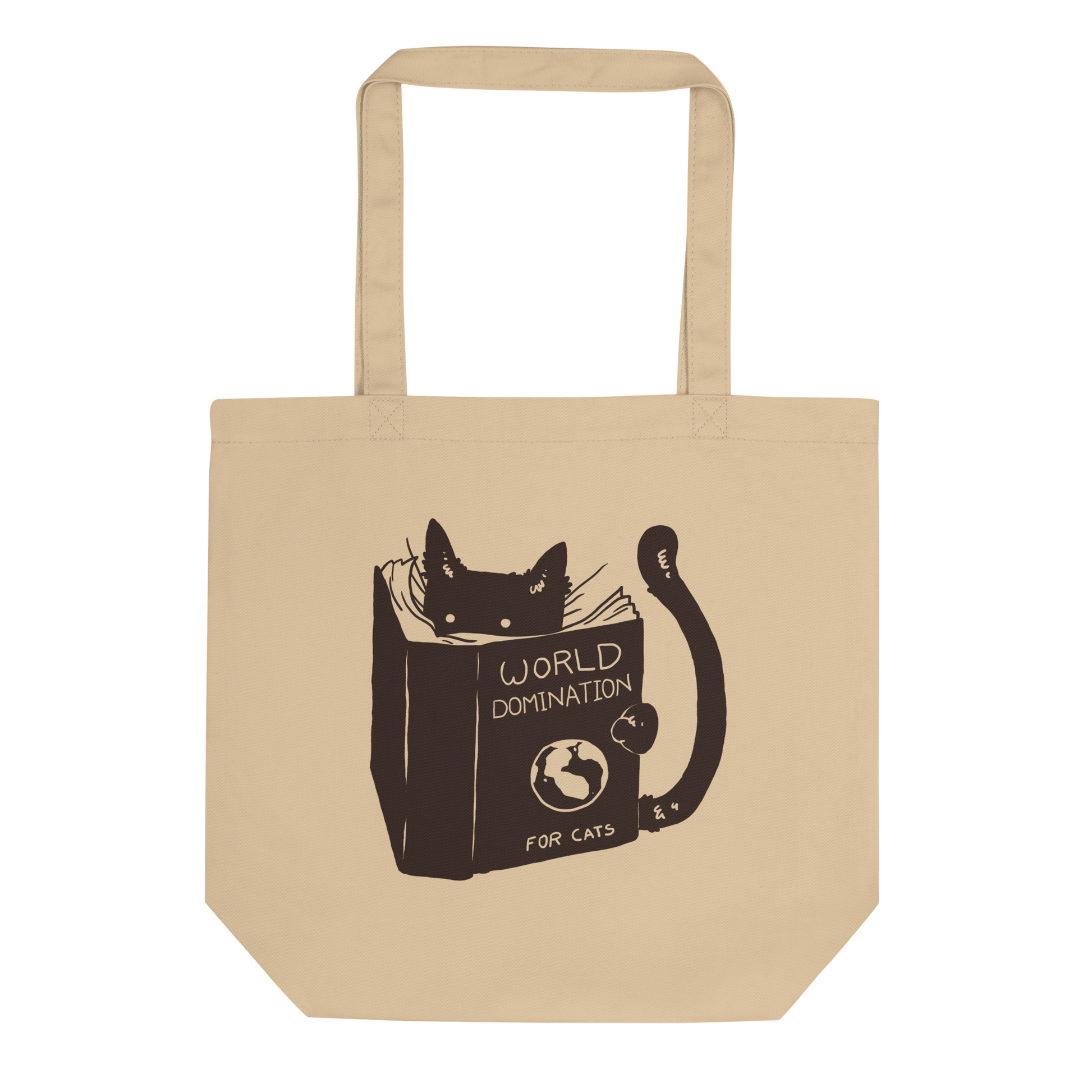 The design features a black silhouette of a cat peeking from behind an oversized book. The book's cover reads 'World Domination for Cats,' and includes a simple drawing of a globe. The cat's eyes are wide open, suggesting either surprise or intense focus on its 'world domination' plans.