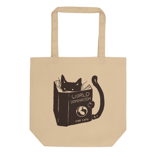 The design features a black silhouette of a cat peeking from behind an oversized book. The book's cover reads 'World Domination for Cats,' and includes a simple drawing of a globe. The cat's eyes are wide open, suggesting either surprise or intense focus on its 'world domination' plans.