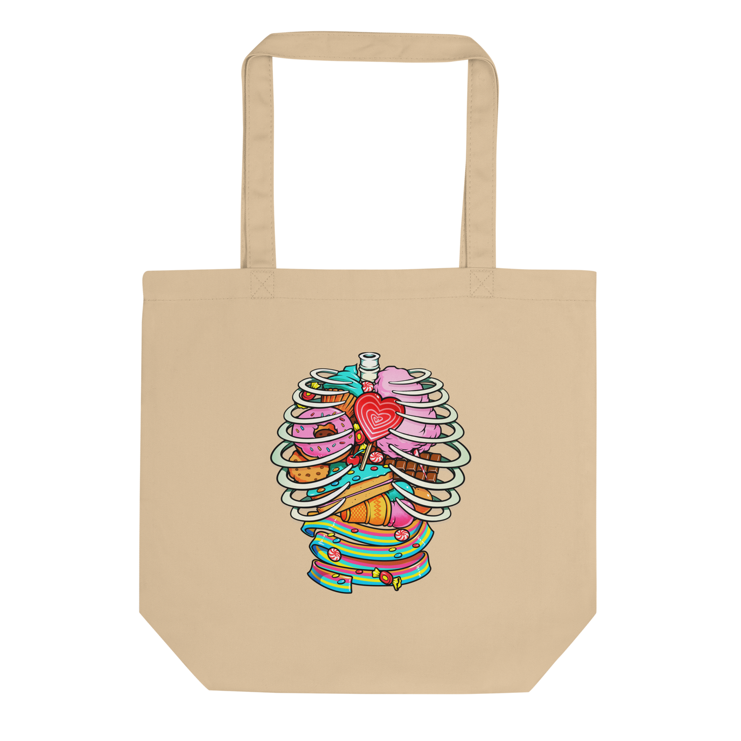 This vibrant design features a detailed, cartoonish human ribcage with various colorful candies and sweets filling the cavity. The sweets include a heart-shaped lollipop, cookies, cotton candy, chocolate bars, ice cream, donuts, and colorful candy strips. The style is reminiscent of pop art with bold lines and vivid colors, making it visually striking and playful.