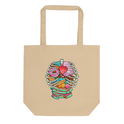 This vibrant design features a detailed, cartoonish human ribcage with various colorful candies and sweets filling the cavity. The sweets include a heart-shaped lollipop, cookies, cotton candy, chocolate bars, ice cream, donuts, and colorful candy strips. The style is reminiscent of pop art with bold lines and vivid colors, making it visually striking and playful.