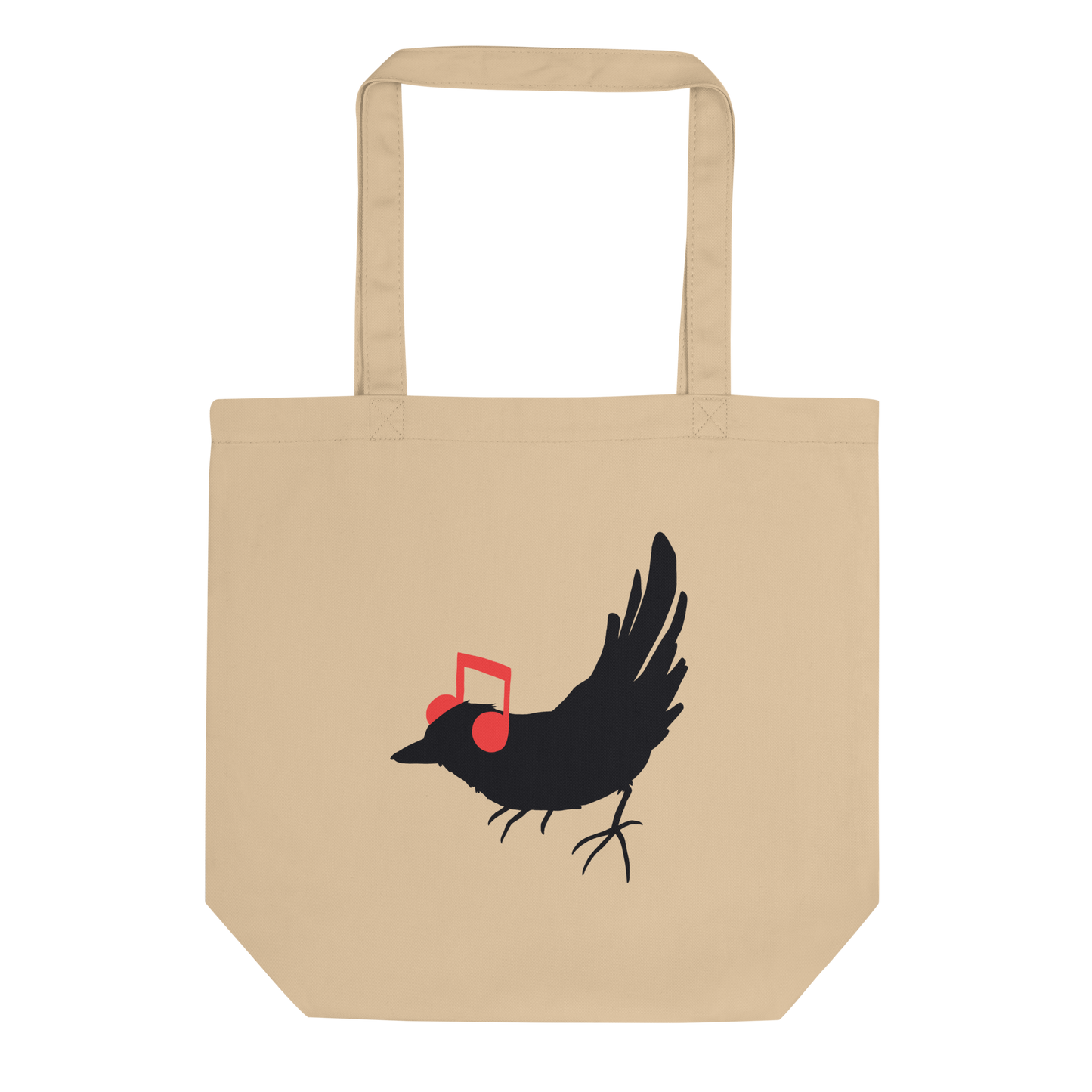 The drawing is a black silhouette of a bird in profile, standing on the ground, with bright red musical notes positioned like headphones over its ears, creating a whimsical and playful contrast. The drawing is simple, using solid colors and minimal details, giving it a modern and fun feel suitable for various merchandise like t-shirts, stickers, coffee cups, and skateboards.