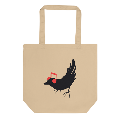 The drawing is a black silhouette of a bird in profile, standing on the ground, with bright red musical notes positioned like headphones over its ears, creating a whimsical and playful contrast. The drawing is simple, using solid colors and minimal details, giving it a modern and fun feel suitable for various merchandise like t-shirts, stickers, coffee cups, and skateboards.
