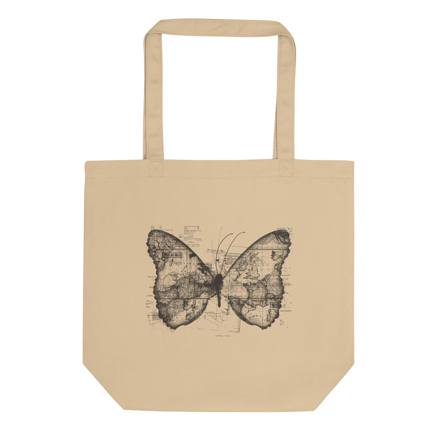 The image features a black and white butterfly where the wings are created using ancient world map designs. The maps overlay in intricate detail, blending geographical elements with the organic shape of the butterfly. Surrounding the butterfly are faint outlines of text and additional geographic features, creating a vintage and exploratory vibe.