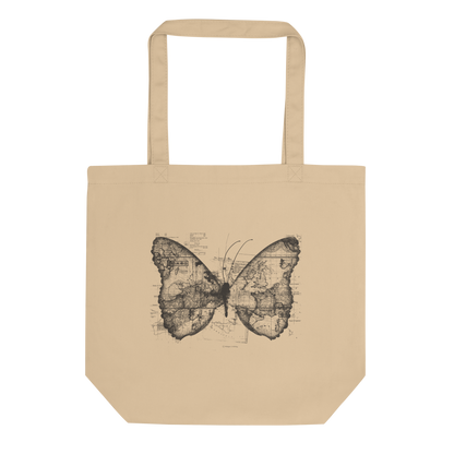 The image features a black and white butterfly where the wings are created using ancient world map designs. The maps overlay in intricate detail, blending geographical elements with the organic shape of the butterfly. Surrounding the butterfly are faint outlines of text and additional geographic features, creating a vintage and exploratory vibe.