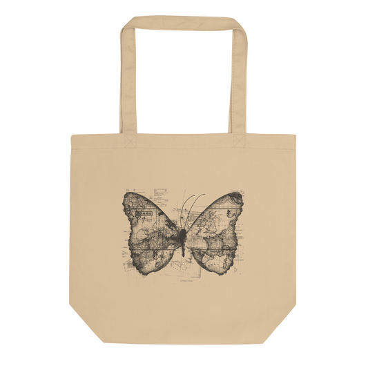 The image features a black and white butterfly where the wings are created using ancient world map designs. The maps overlay in intricate detail, blending geographical elements with the organic shape of the butterfly. Surrounding the butterfly are faint outlines of text and additional geographic features, creating a vintage and exploratory vibe.