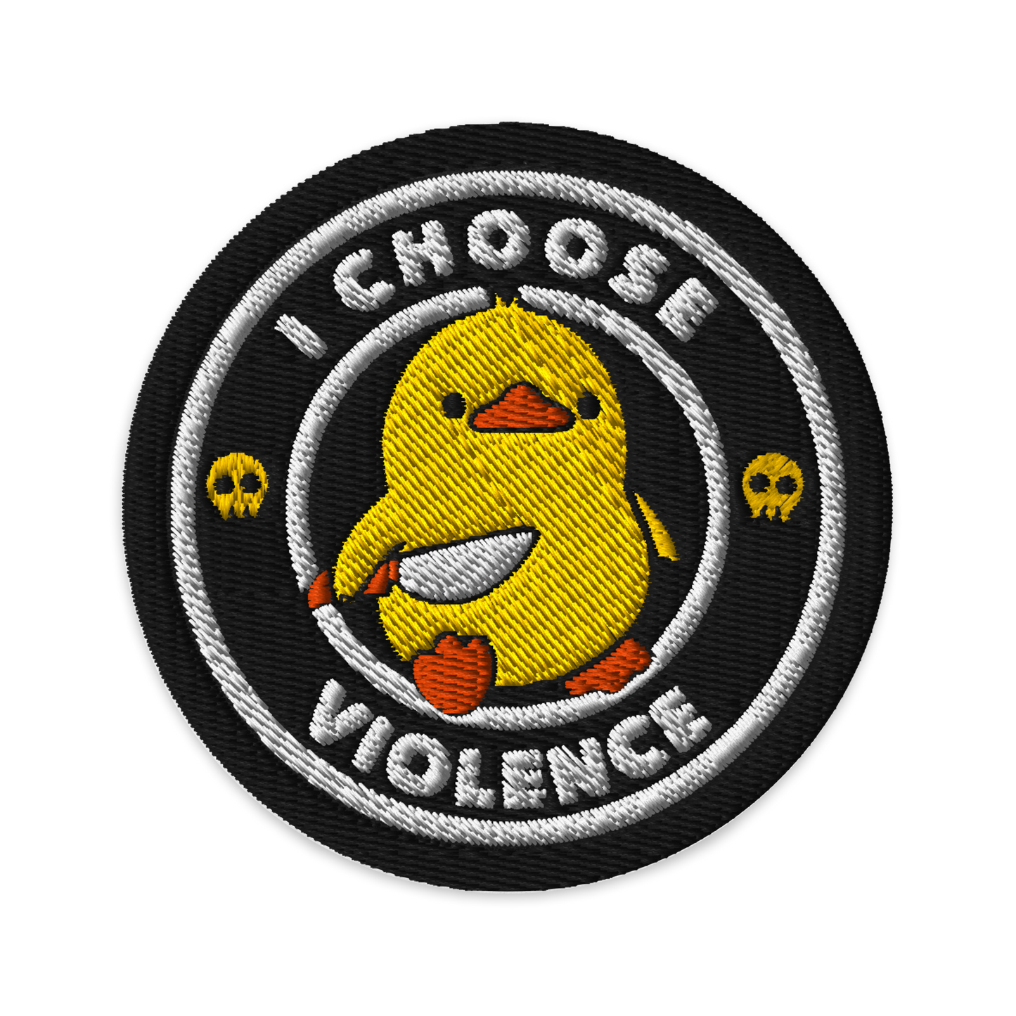The image displays a cute, cartoon-style yellow duck character holding a knife with a determined expression. The duck is centered inside a circular design with the text 'I CHOOSE FIGHT' around it. Two small skulls flanking the duck add a humorous, combative touch to the design.