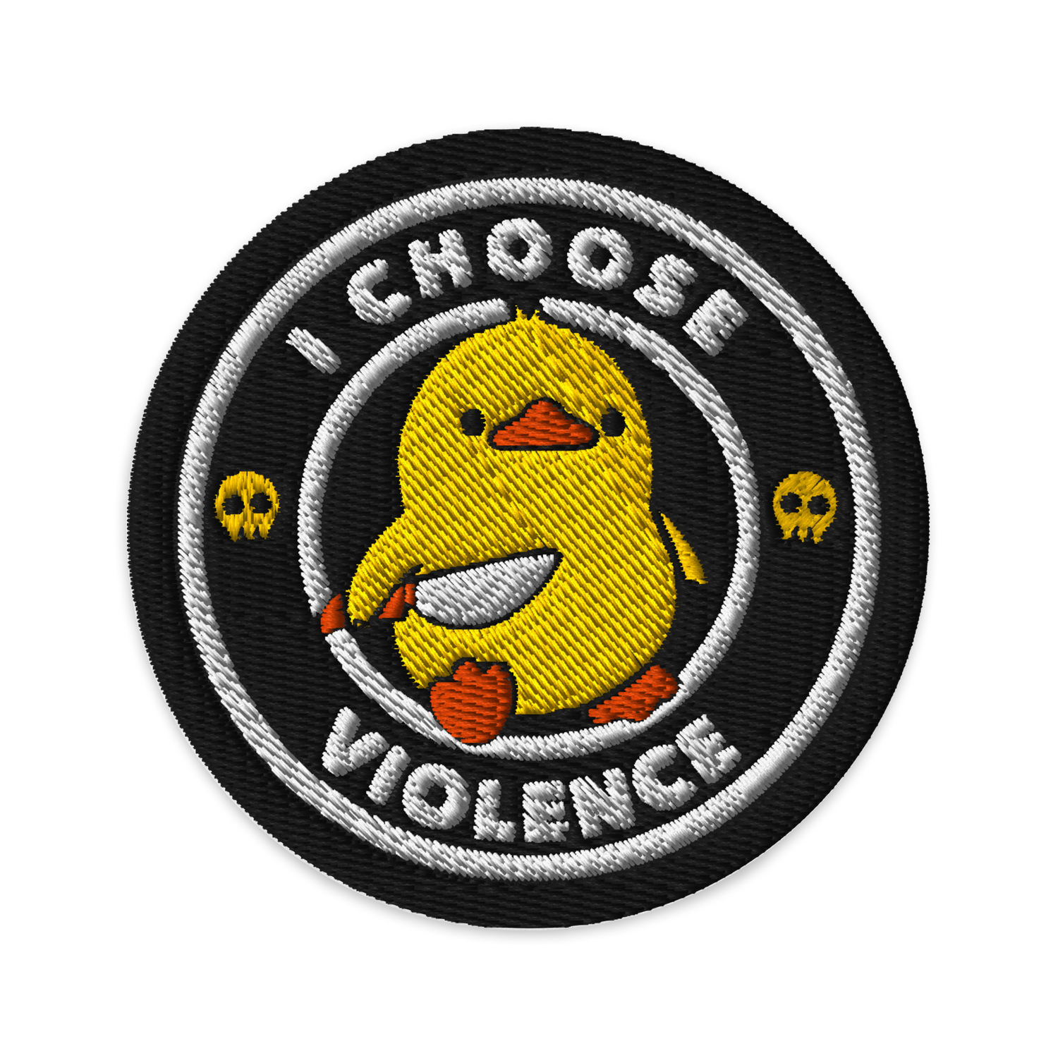 The image displays a cute, cartoon-style yellow duck character holding a knife with a determined expression. The duck is centered inside a circular design with the text 'I CHOOSE FIGHT' around it. Two small skulls flanking the duck add a humorous, combative touch to the design.