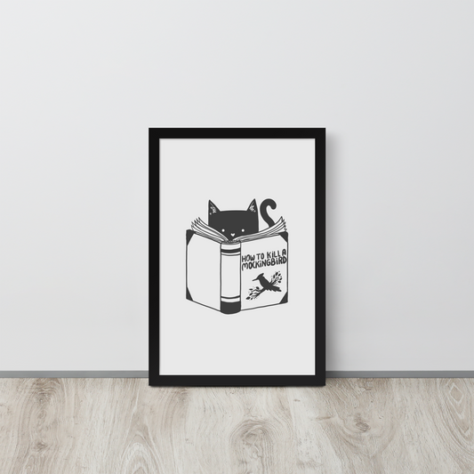 A black and white illustration features a cat peeking over an open book titled 'How to Kill a Mockingbird,' playfully altering the classic novel's title. The cat has a heart-shaped nose and simple, cute facial features. The design is whimsical and ironic, combining classic literature with a humorous twist.