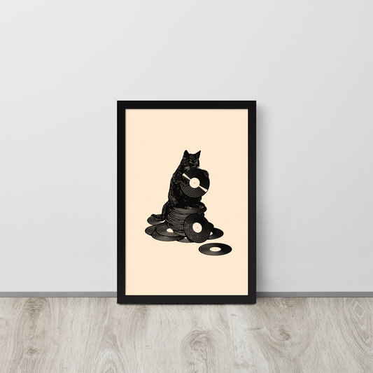 This design features a black cat cozily perched atop a stack of vinyl records, clutching one like it’s pure gold. It’s a tribute to analog lovers, feline charm, and the timeless joy of spinning a record. Perfect for music collectors, cat enthusiasts, and anyone with a nostalgic soul.
