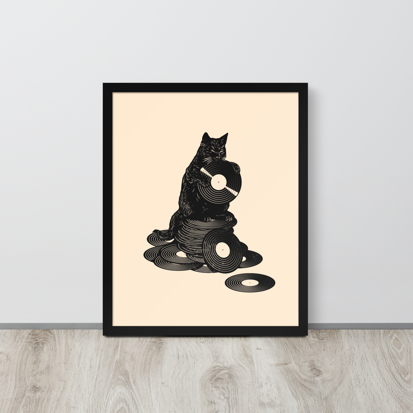 This design features a black cat cozily perched atop a stack of vinyl records, clutching one like it’s pure gold. It’s a tribute to analog lovers, feline charm, and the timeless joy of spinning a record. Perfect for music collectors, cat enthusiasts, and anyone with a nostalgic soul.