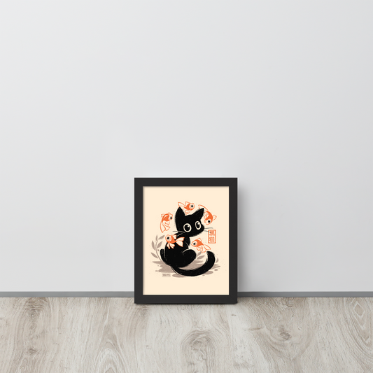 This unique design features a charming black cat amidst playful koi, rendered in beautiful Sumi-e ink style. A perfect blend of Japanese art and anime whimsy for any cat lover.