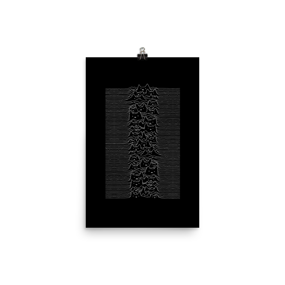 The drawing is a series of continuous wavy lines forming a pattern reminiscent of sound waves or topographic maps, but with an unexpected twist: the lines create the shapes of numerous cat faces stacked vertically. Each cat has simple, expressive features with pointed ears, adding a whimsical element to the otherwise structured pattern.