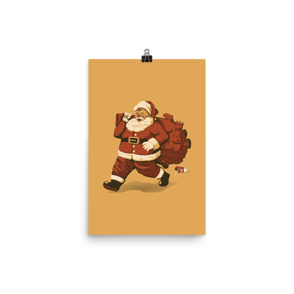 A cute Santa Claus carrying a red bag full of what appear to be gifts, but when you look closer you can see that there are several little boys. A fun art that mixes up the story that the good boys are going to get charcoal from Santa, but this time Santa is taking them.