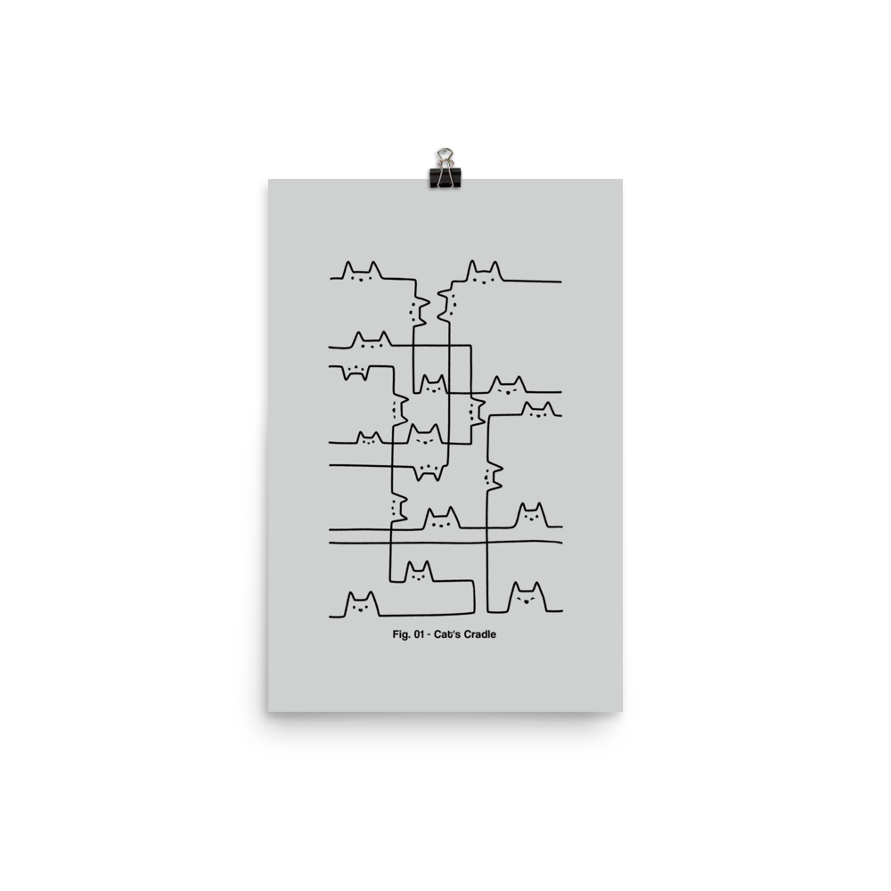 A minimalist artwork of cats drawn with simple black lines, connected as if they were part of a game of string. This design is inspired by the classic "cat's cradle," perfect for cat lovers, fans of quirky line art, and anyone who appreciates clever, lighthearted illustrations.