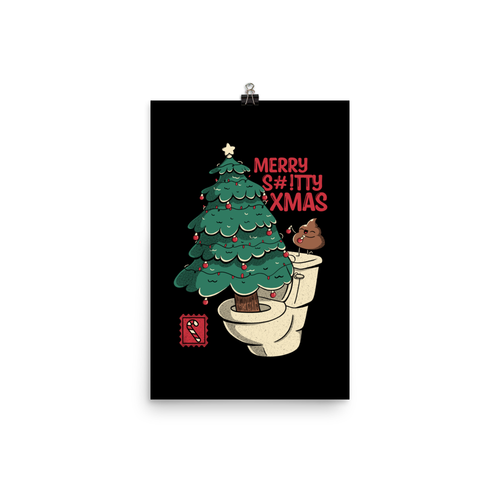A toilet from which a Christmas tree is being decorated with Christmas decorations by a small poop, next to them the phrase "Merry Shitty Xmas". An art with a lot of humor for the Christmas mood.