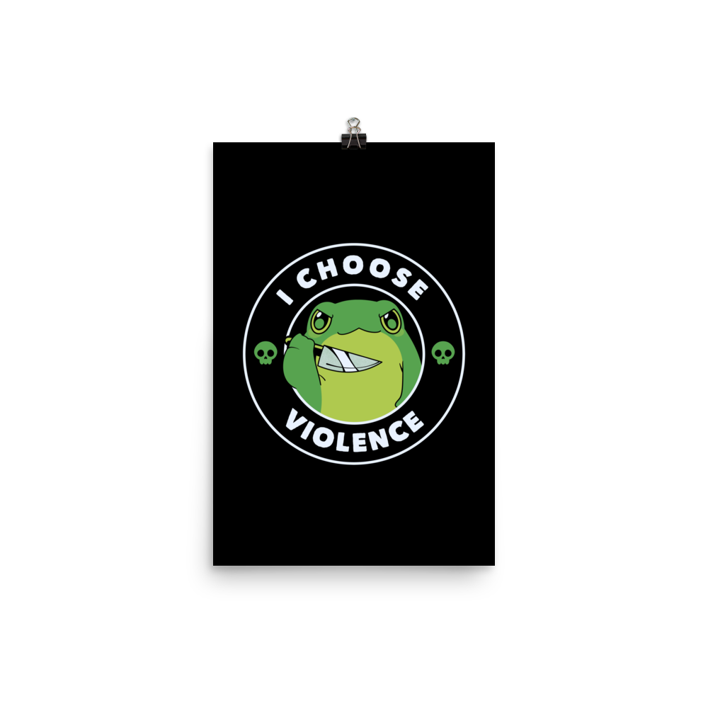 A charming, cartoon-style green frog holds a knife in its hand with a playful yet fierce expression. Encircled by bold text, 'I CHOOSE VIOLENCE,' the design mixes humor with an edge. Two small skulls flank the frog, adding a quirky, rebellious touch to the image. The overall effect balances cuteness and irony in a memorable way.