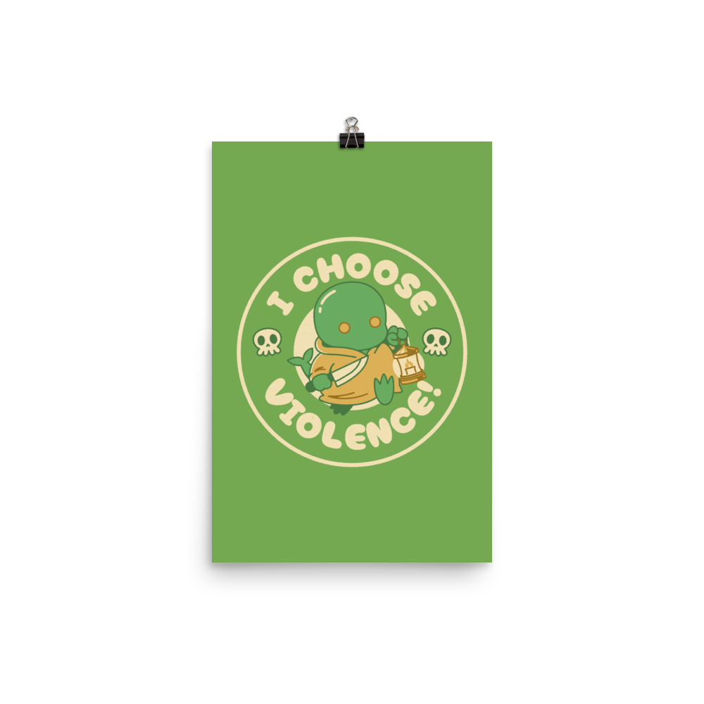 Cute green fantasy creature holding a lantern and a small weapon, surrounded by skull icons and the bold phrase “I Choose Violence!” in a circular badge-style design.