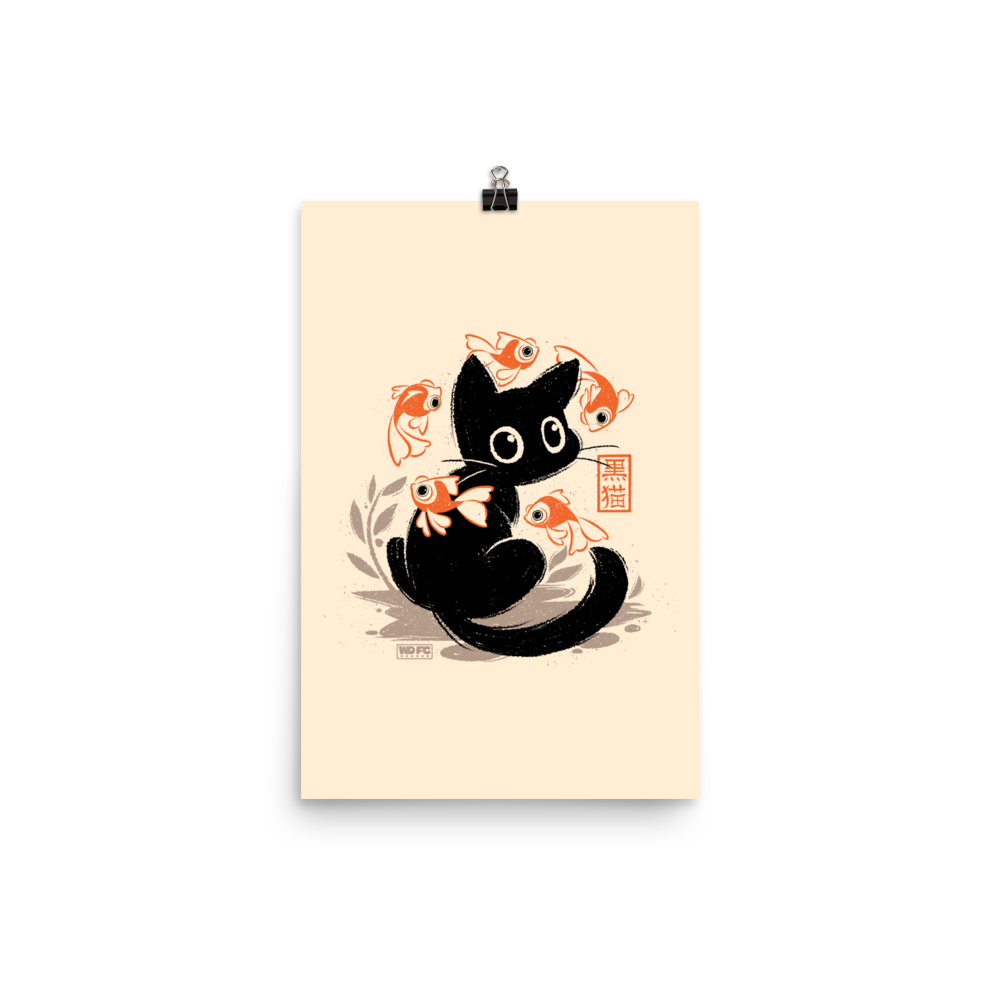 This unique design features a charming black cat amidst playful koi, rendered in beautiful Sumi-e ink style. A perfect blend of Japanese art and anime whimsy for any cat lover.