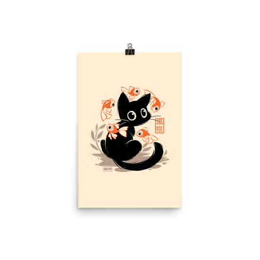 This unique design features a charming black cat amidst playful koi, rendered in beautiful Sumi-e ink style. A perfect blend of Japanese art and anime whimsy for any cat lover.