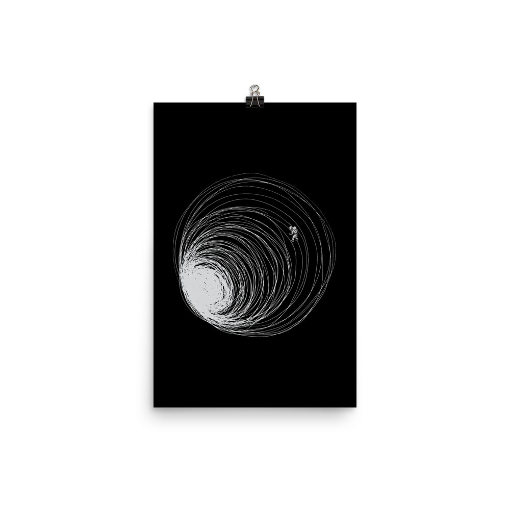 A big black hole with an astronaut floating around as if being sucked into it. A minimalist art perfect for those who love space.