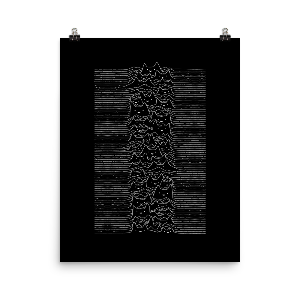 The drawing is a series of continuous wavy lines forming a pattern reminiscent of sound waves or topographic maps, but with an unexpected twist: the lines create the shapes of numerous cat faces stacked vertically. Each cat has simple, expressive features with pointed ears, adding a whimsical element to the otherwise structured pattern.