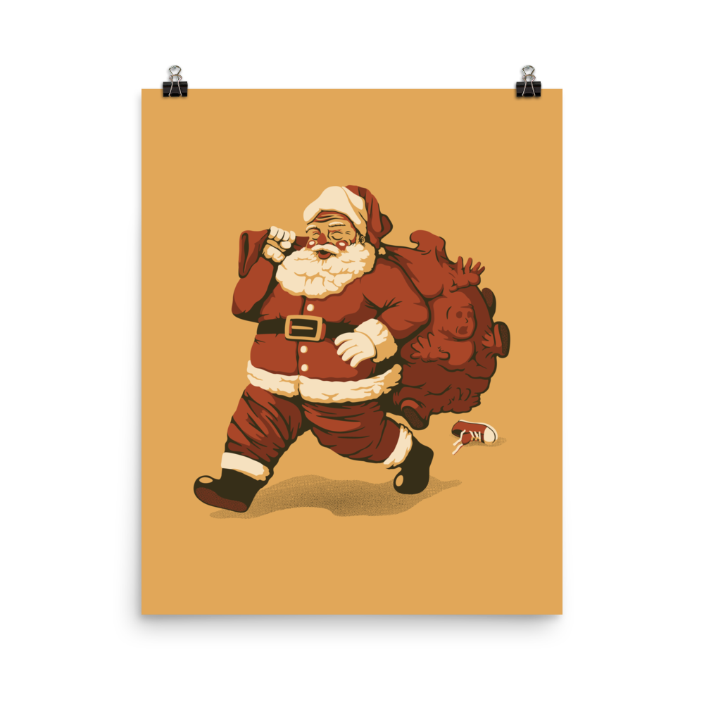 A cute Santa Claus carrying a red bag full of what appear to be gifts, but when you look closer you can see that there are several little boys. A fun art that mixes up the story that the good boys are going to get charcoal from Santa, but this time Santa is taking them.