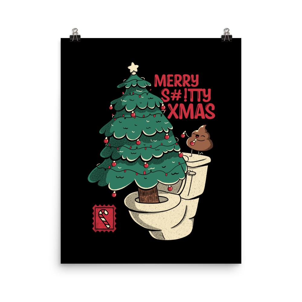 A toilet from which a Christmas tree is being decorated with Christmas decorations by a small poop, next to them the phrase "Merry Shitty Xmas". An art with a lot of humor for the Christmas mood.