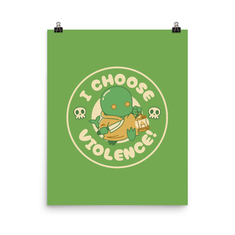 Cute green fantasy creature holding a lantern and a small weapon, surrounded by skull icons and the bold phrase “I Choose Violence!” in a circular badge-style design.