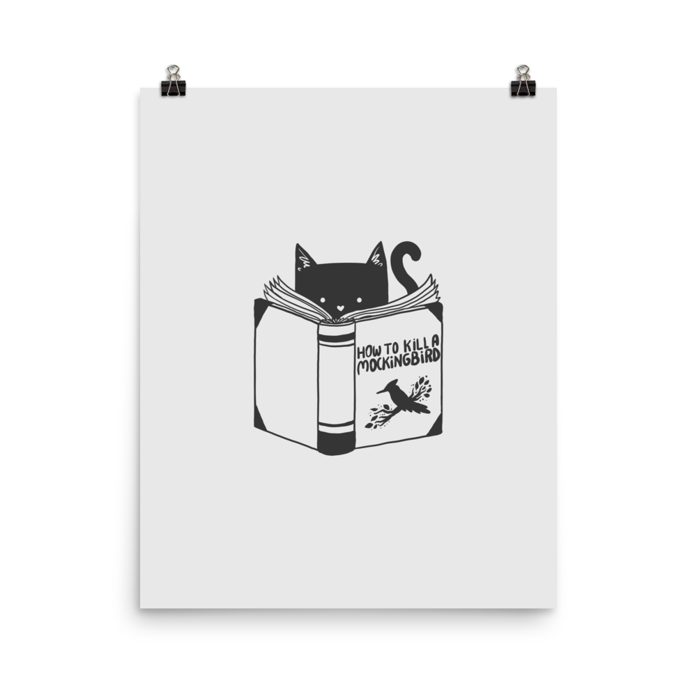 A black and white illustration features a cat peeking over an open book titled 'How to Kill a Mockingbird,' playfully altering the classic novel's title. The cat has a heart-shaped nose and simple, cute facial features. The design is whimsical and ironic, combining classic literature with a humorous twist.