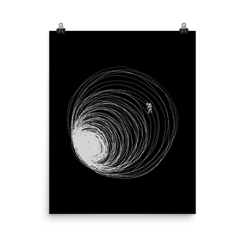 A big black hole with an astronaut floating around as if being sucked into it. A minimalist art perfect for those who love space.
