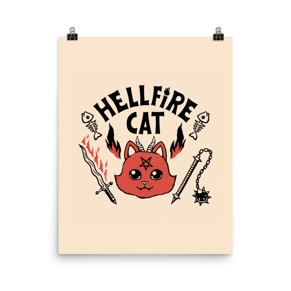 Vintage-style illustration of a cute red devil cat with small horns and a pentagram on its forehead, surrounded by flames, weapons, fish skeletons, and the bold phrase “Hellfire Cat” in a playful gothic design.