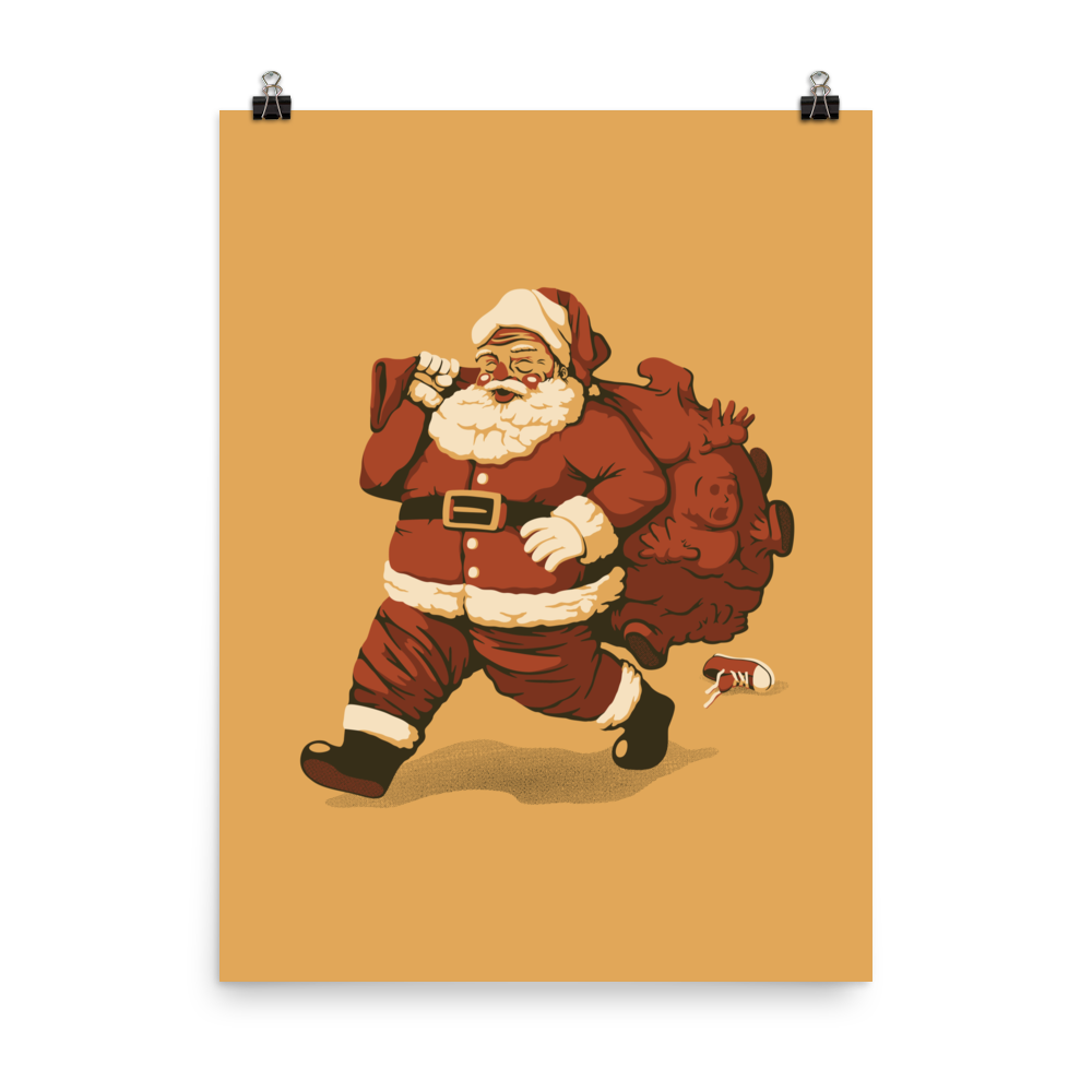 A cute Santa Claus carrying a red bag full of what appear to be gifts, but when you look closer you can see that there are several little boys. A fun art that mixes up the story that the good boys are going to get charcoal from Santa, but this time Santa is taking them.