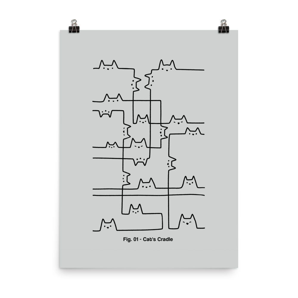 A minimalist artwork of cats drawn with simple black lines, connected as if they were part of a game of string. This design is inspired by the classic "cat's cradle," perfect for cat lovers, fans of quirky line art, and anyone who appreciates clever, lighthearted illustrations.
