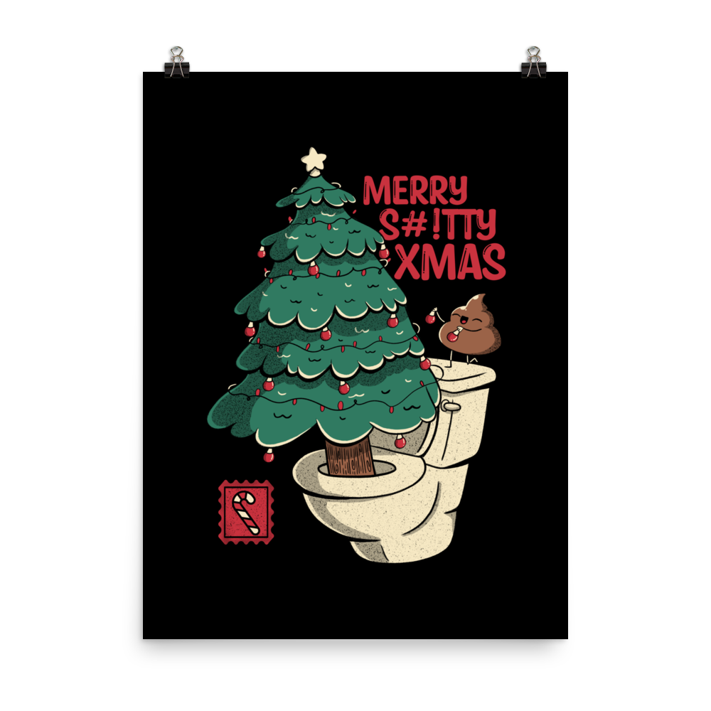 A toilet from which a Christmas tree is being decorated with Christmas decorations by a small poop, next to them the phrase "Merry Shitty Xmas". An art with a lot of humor for the Christmas mood.