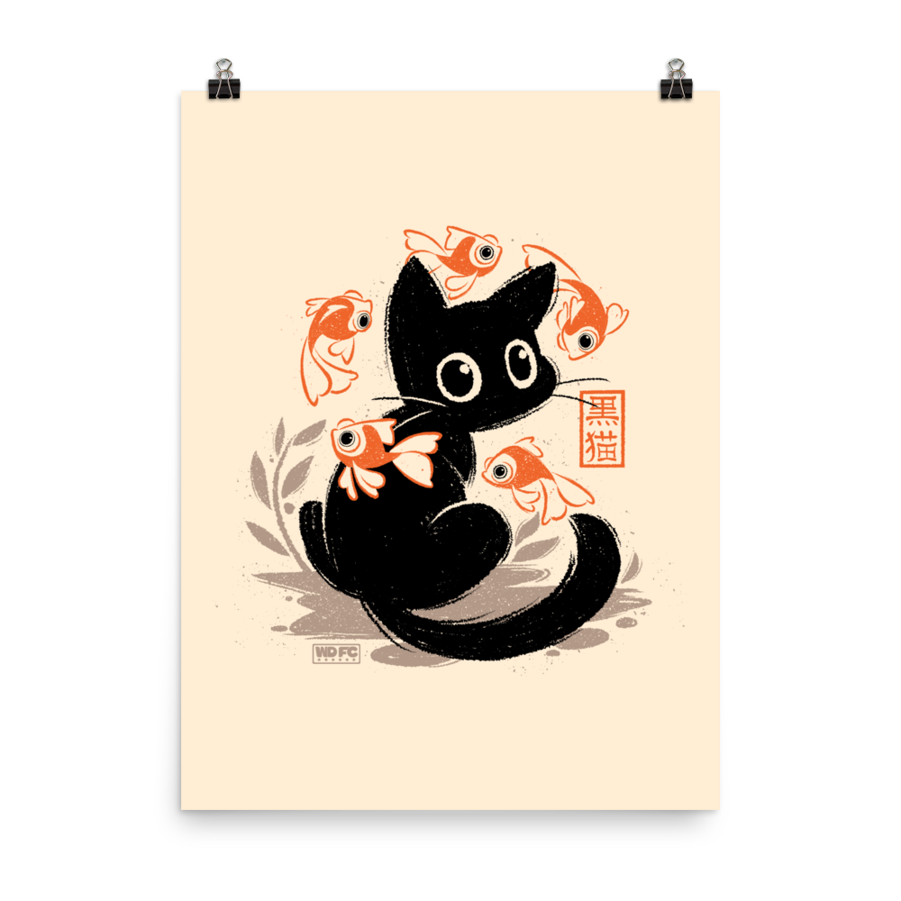 This unique design features a charming black cat amidst playful koi, rendered in beautiful Sumi-e ink style. A perfect blend of Japanese art and anime whimsy for any cat lover.