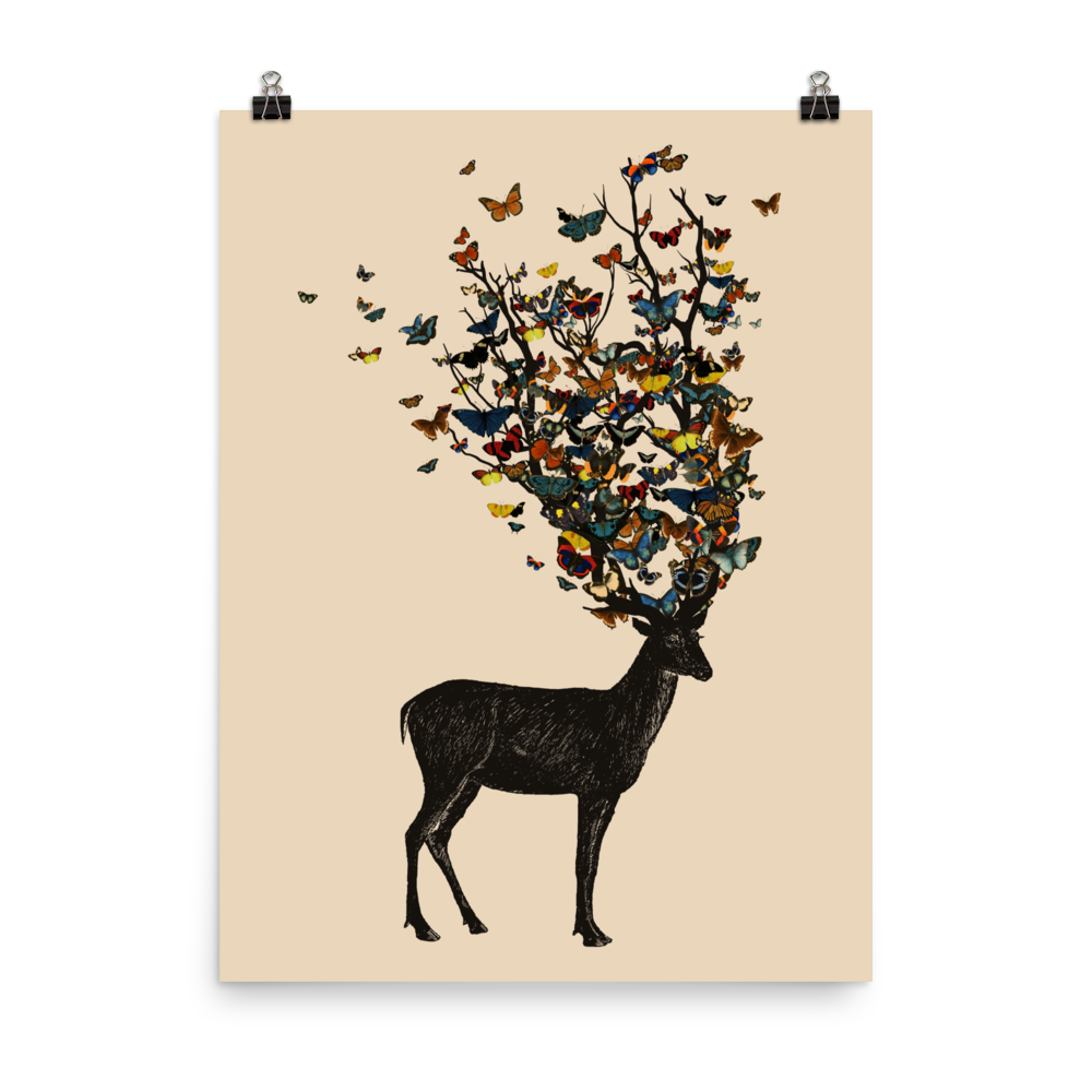 The image depicts a dark, silhouetted deer standing on a neutral background. Instead of branches, its antlers transform into a swirling cloud of vibrant, colorful butterflies that extend upwards and outward. The mix of organic and ethereal elements creates a captivating and whimsical visual contrast.