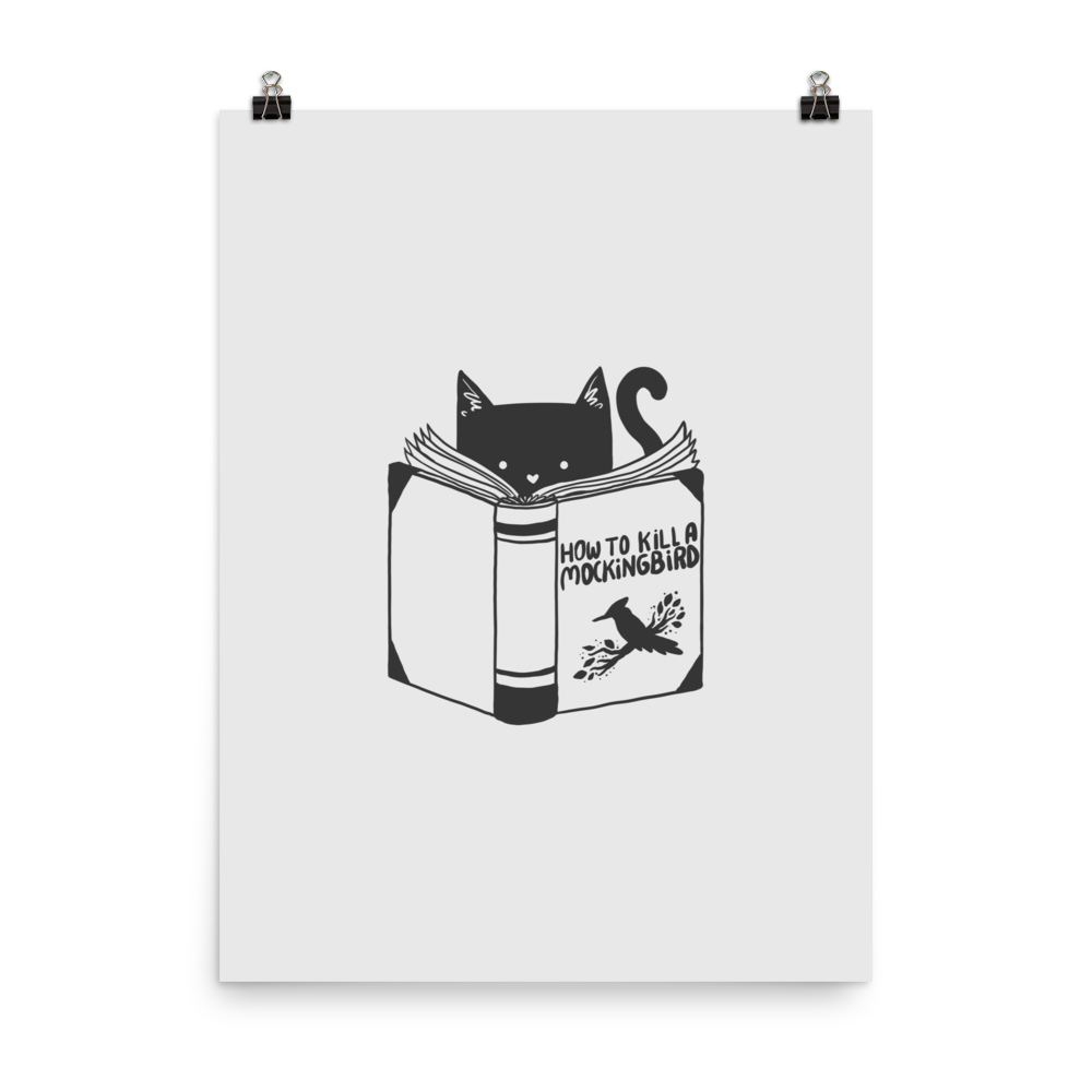 A black and white illustration features a cat peeking over an open book titled 'How to Kill a Mockingbird,' playfully altering the classic novel's title. The cat has a heart-shaped nose and simple, cute facial features. The design is whimsical and ironic, combining classic literature with a humorous twist.