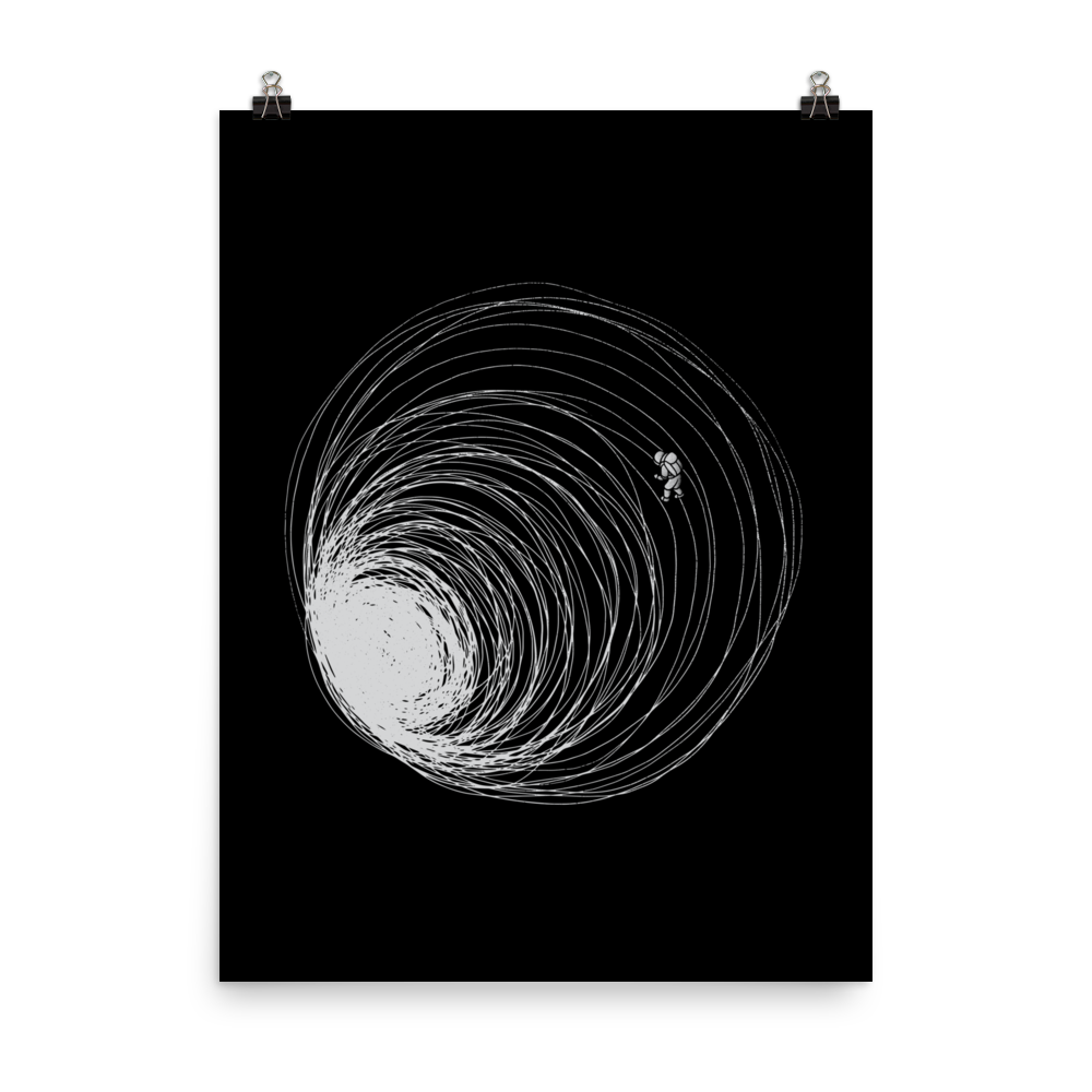 A big black hole with an astronaut floating around as if being sucked into it. A minimalist art perfect for those who love space.