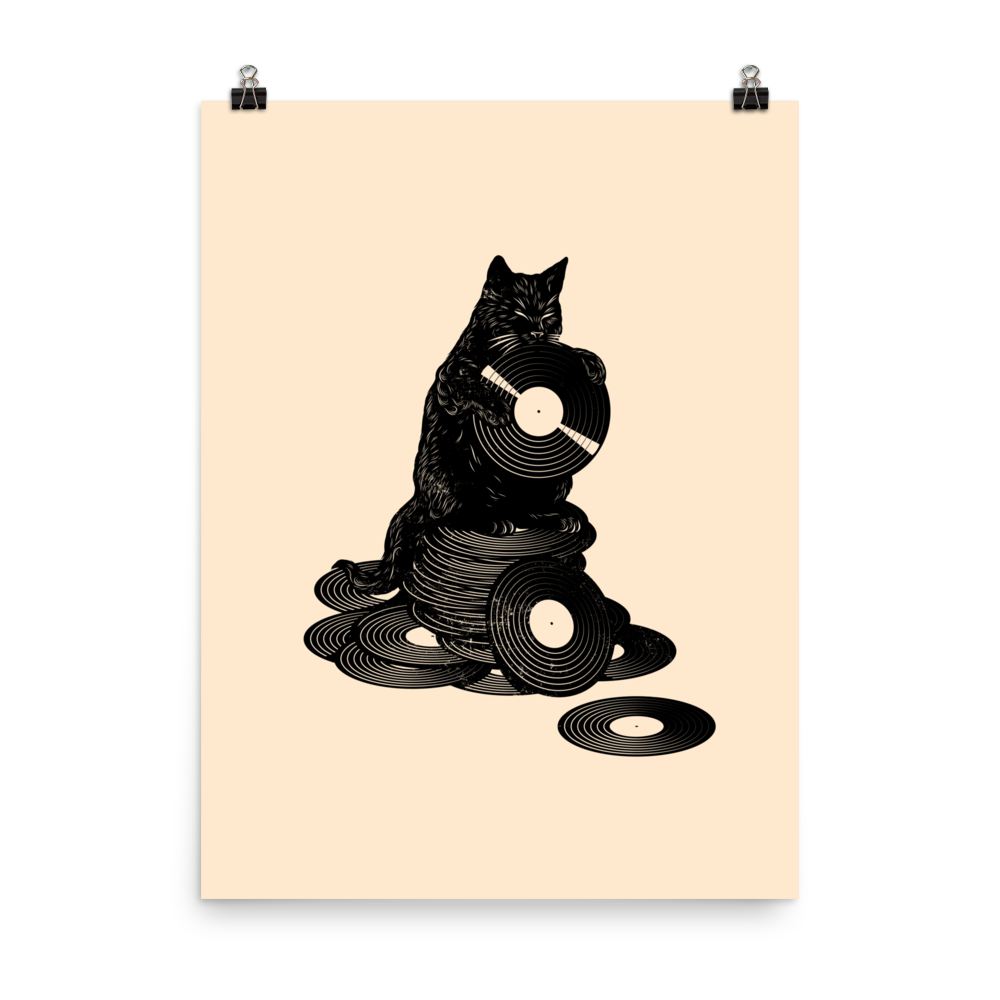 This design features a black cat cozily perched atop a stack of vinyl records, clutching one like it’s pure gold. It’s a tribute to analog lovers, feline charm, and the timeless joy of spinning a record. Perfect for music collectors, cat enthusiasts, and anyone with a nostalgic soul.