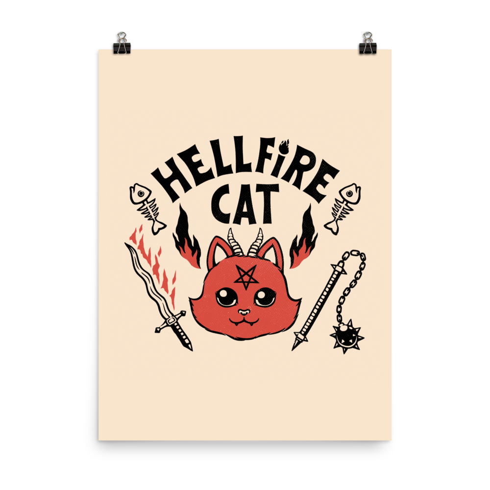 Vintage-style illustration of a cute red devil cat with small horns and a pentagram on its forehead, surrounded by flames, weapons, fish skeletons, and the bold phrase “Hellfire Cat” in a playful gothic design.