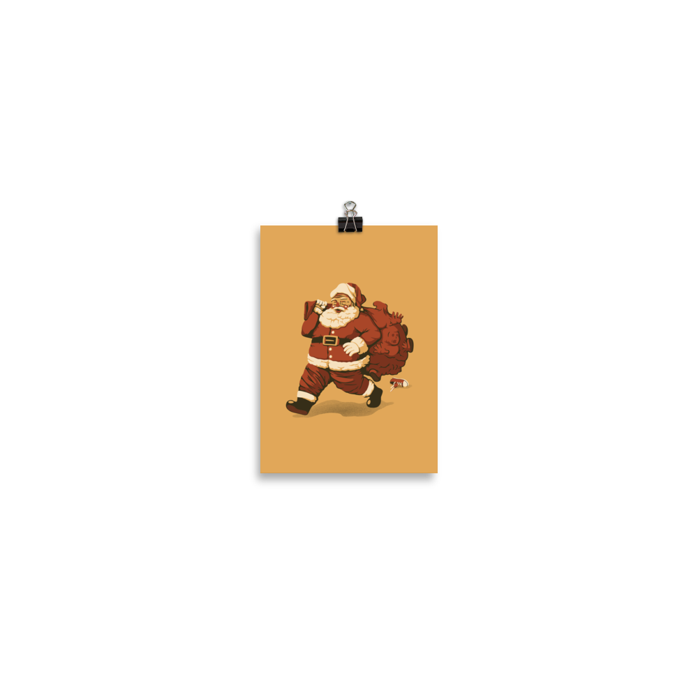 A cute Santa Claus carrying a red bag full of what appear to be gifts, but when you look closer you can see that there are several little boys. A fun art that mixes up the story that the good boys are going to get charcoal from Santa, but this time Santa is taking them.